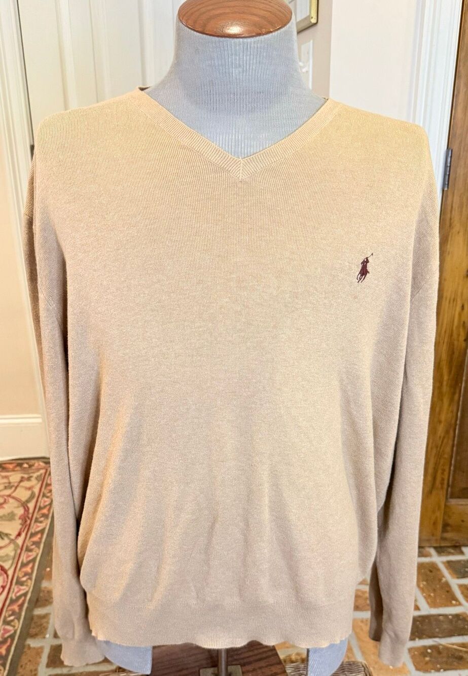 Polo Ralph Lauren Mens Pullover Sweater XXL Heather Beige Oatmeal Knit V Neck